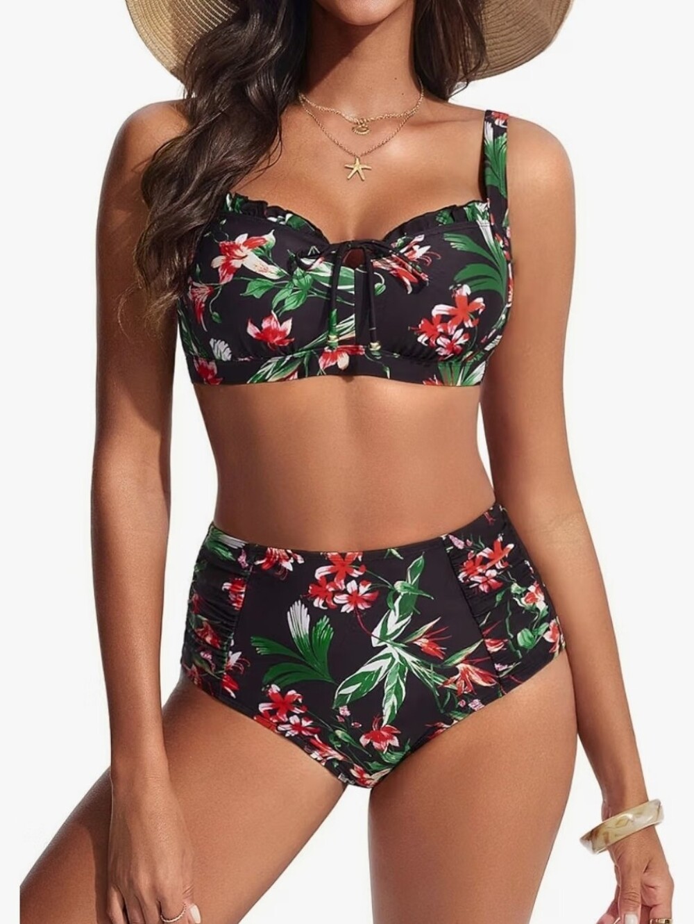 Hanna Nikole Floral High Waisted Bikini Set Black Red Tummy Control NEW Medium